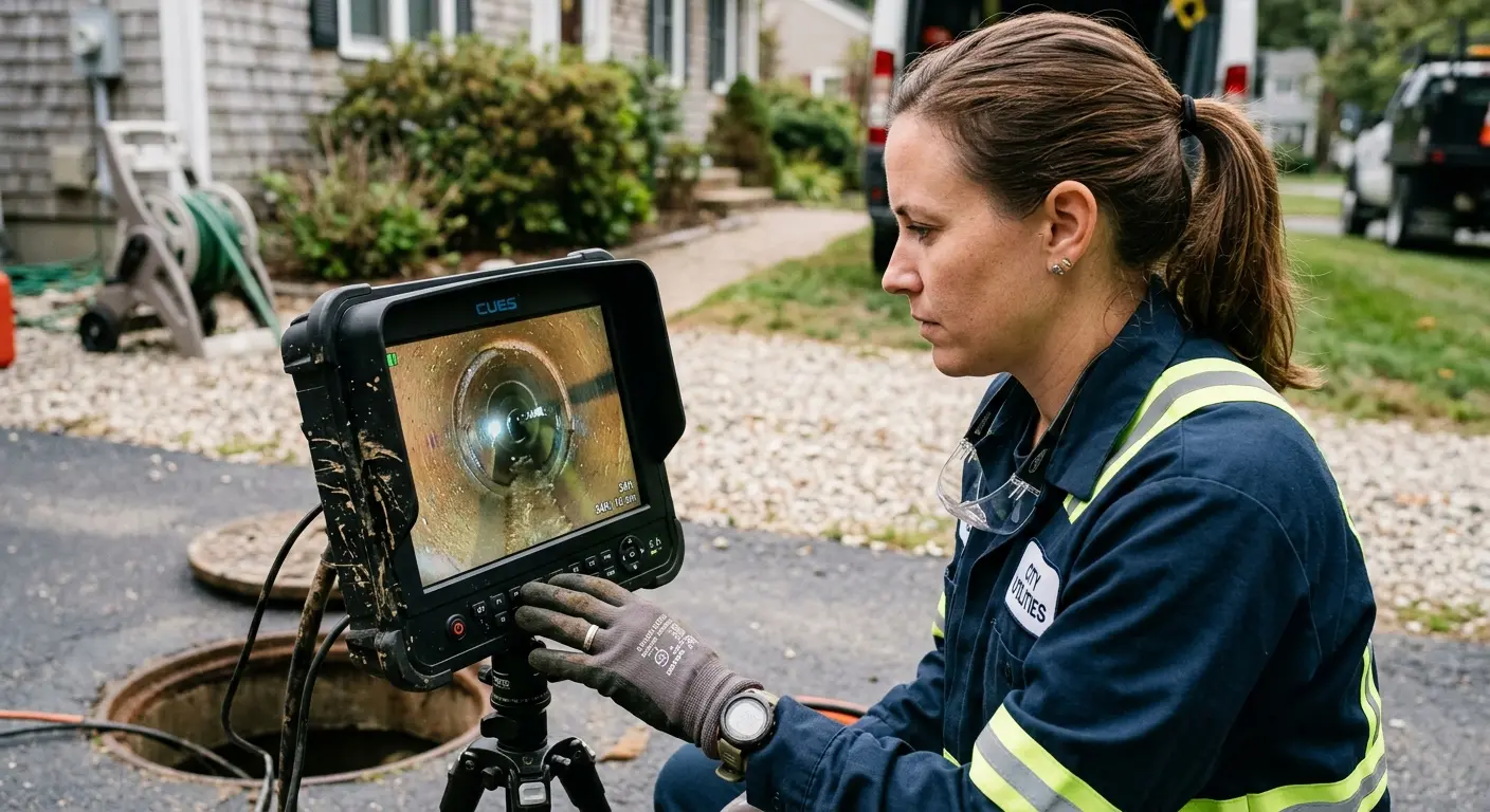 Technician reviewing sewer camera inspection footage in Pullman