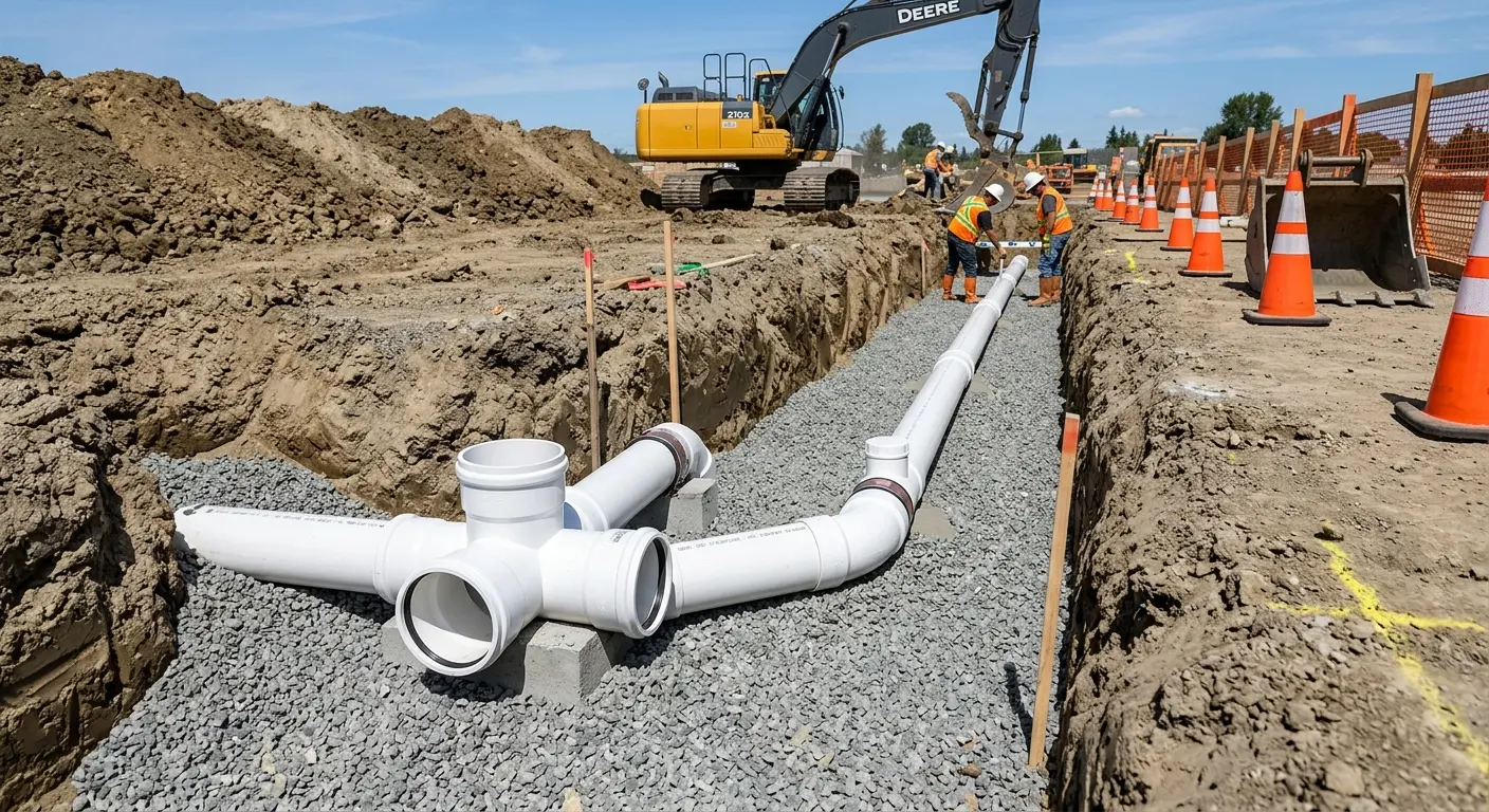 New PVC sewer pipe installation in open trench for Sewer Backup in Pullman