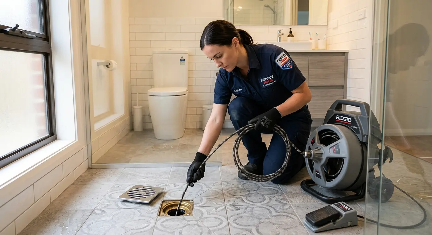 Technician clearing a bathroom floor drain for Drain Cleaning in Pullman